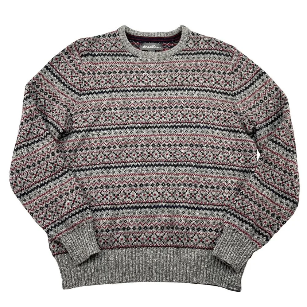 Eddie Bauer‎ Sweater Mens Large Grey Red Wool Blend Fair Isle Pullover